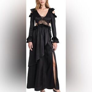 NWT Allina Liu Valkyrie Black Lace Cutout Tie Back Satin Maxi Dress Gown S